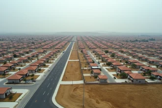 Vue aérienne d'un quartier périurbain avec maisons identiques et routes asphaltées illustrant l'étalement urbain