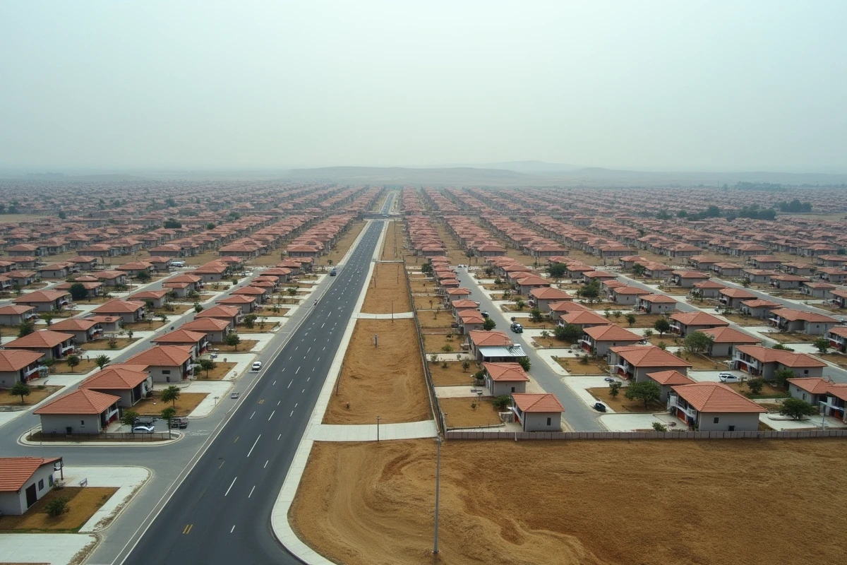 Vue aérienne d'un quartier périurbain avec maisons identiques et routes asphaltées illustrant l'étalement urbain