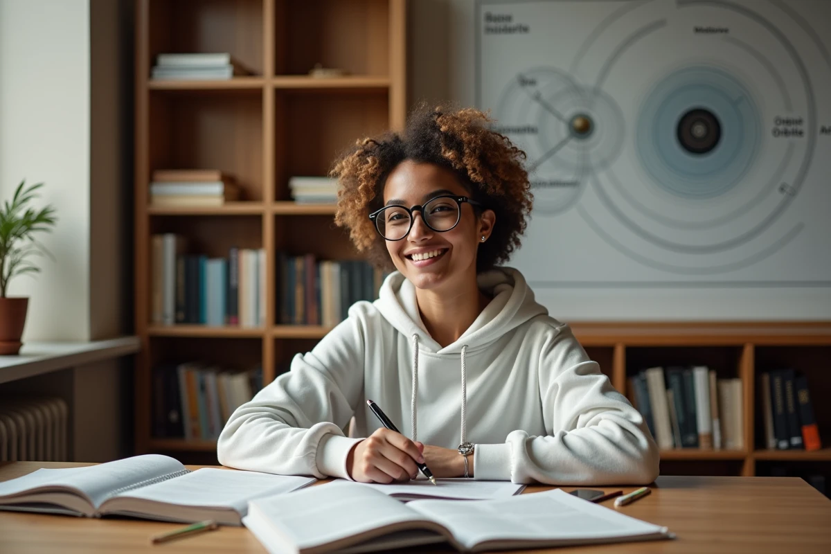 Étudiante en astronomie étudiant un poster illustrant les différents types d'orbites dans une bibliothèque universitaire