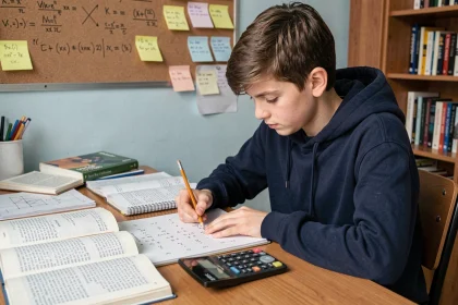 Étudiant en lycée résolvant des exercices de conversion litres mètre cube en physique-chimie sur un bureau en bois