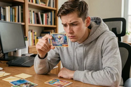 Jeune homme examinant attentivement un code de carte Pokémon en ligne avant achat, assis à un bureau en bois avec des cartes éparpillées