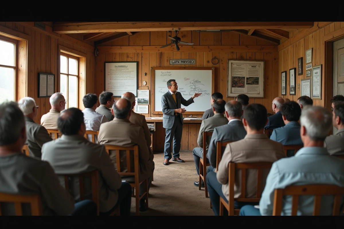 Assemblée villageoise réunie en cercle dans une salle communale rurale pour une prise de décision collective, illustrant le collectivisme dans les communautés traditionnelles