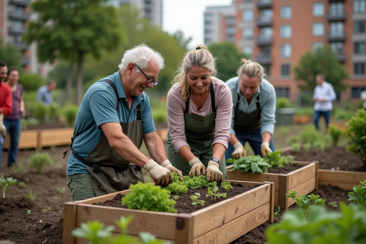 Communauté multigénérationnelle travaillant ensemble dans un jardin partagé urbain, exemple concret de collectivisme et de gestion commune des ressources