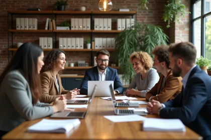Groupe d'adultes collaborant autour d'une table dans un espace de travail coopératif, illustrant le collectivisme au travail