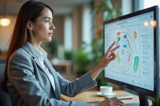 Femme professionnelle interagissant avec une interface numérique de parcours client sur grand écran tactile dans un bureau moderne