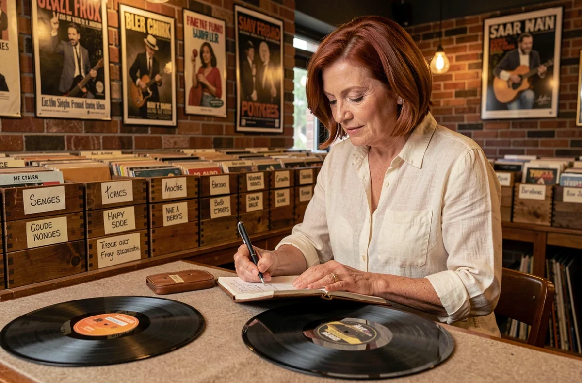 Femme experte en disques 78 tours comparant deux shellacs dans une boutique de vinyles vintage