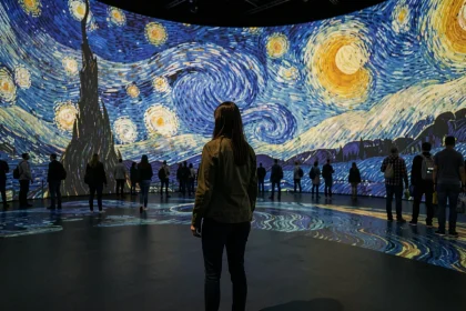 Visiteuse contemplant la projection immersive Van Gogh à Lyon avec tourbillons de couleurs sur les murs