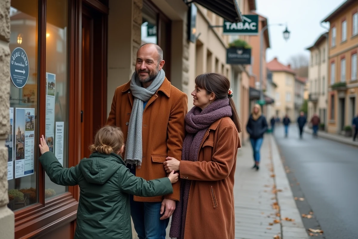 Couple avec enfant devant une agence immobilière dans une ville de province française en automne