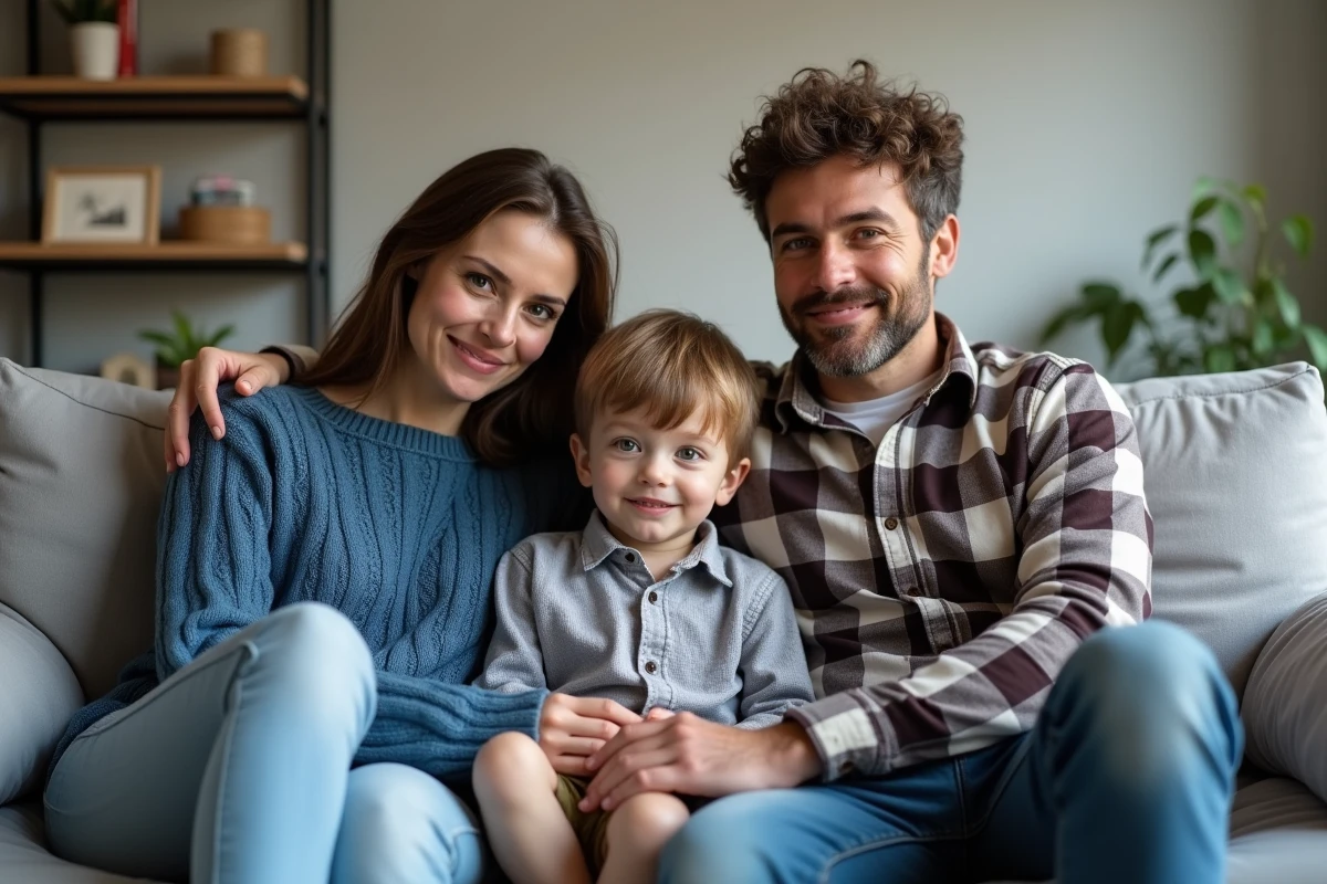 Famille bienveillante réunie sur un canapé dans un salon minimaliste, parents et enfant dans une atmosphère de sécurité émotionnelle et de parentalité positive