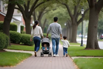 Famille se promenant dans un quartier résidentiel pavillonnaire avec maisons individuelles et jardins verdoyants illustrant l'étalement urbain