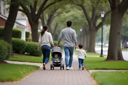 Famille se promenant dans un quartier résidentiel pavillonnaire avec maisons individuelles et jardins verdoyants illustrant l'étalement urbain