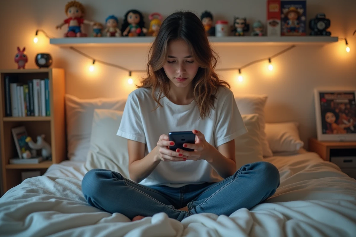 Jeune femme fan de One Piece découvrant un spoiler sur son smartphone dans sa chambre