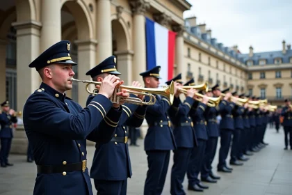 Fanfare militaire française jouant la Marseillaise lors d'une cérémonie nationale devant un bâtiment haussmannien orné du drapeau tricolore