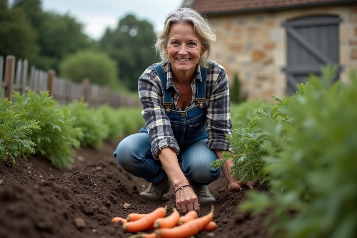 Paysanne française en salopette en train de récolter des carottes dans un potager traditionnel à la campagne