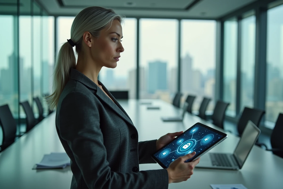 Femme d'affaires tenant une tablette affichant un réseau de nœuds blockchain dans une salle de réunion moderne