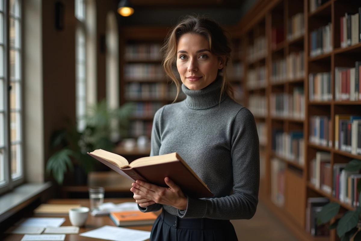 Femme intellectuelle dans une bibliothèque universitaire tenant un livre sur l'histoire des médias français