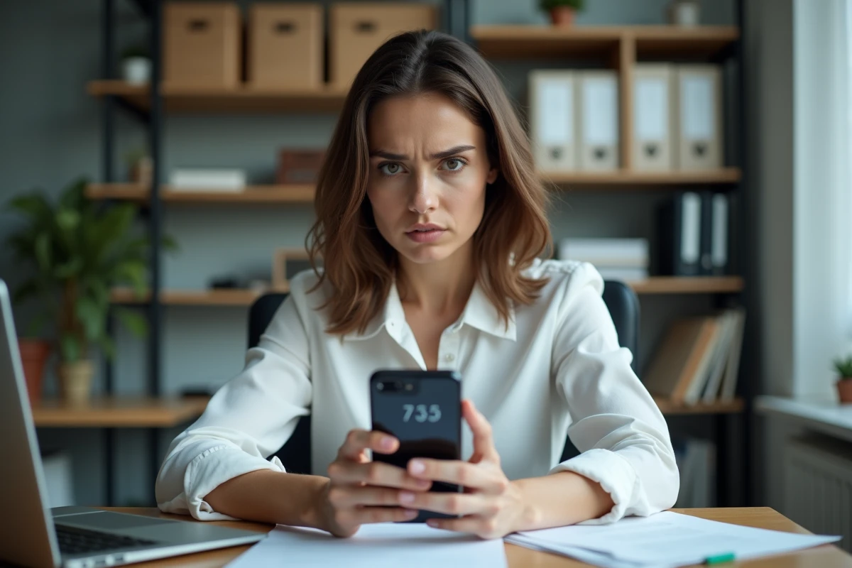 Femme en télétravail analysant un numéro de téléphone suspect affiché sur son smartphone