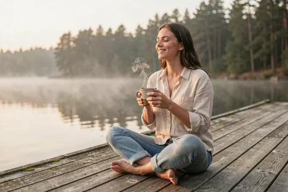 Femme sereine savourant un café au bord d'un lac au lever du jour, illustrant le concept de profiter de l'instant présent selon le carpe diem