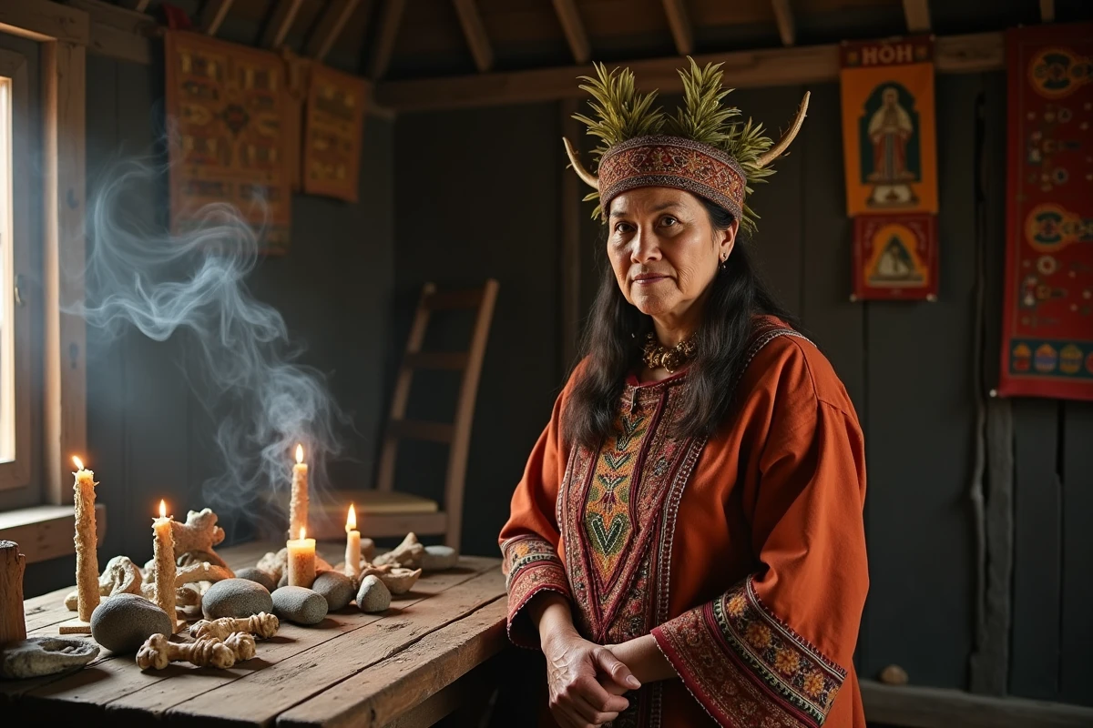 Femme chamane en tenue traditionnelle devant un autel rituel dans une yourte en bois, avec de la sauge fumante et des objets sacrés, évoquant les croyances et pratiques du chamanisme.