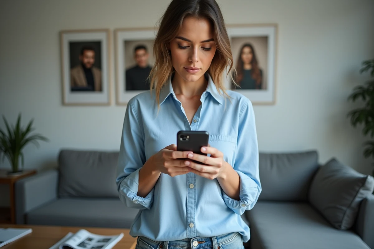 Femme consultant un site fan d'acteur sur son smartphone dans un salon moderne
