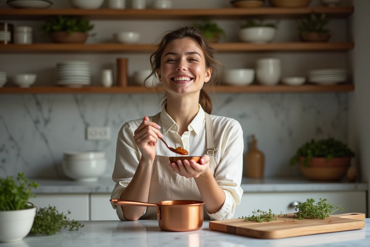 Femme goûtant une sauce gastronomique dans une cuisine parisienne avec ustensiles en cuivre et décor artisanal