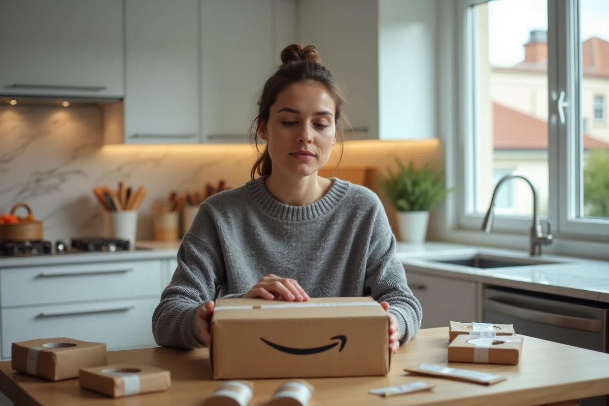 Femme déballant une commande Amazon livrée à domicile dans une cuisine moderne