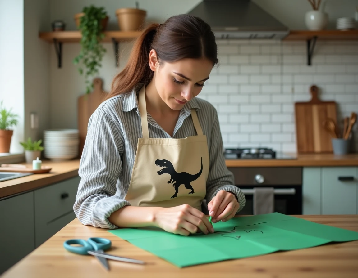 Femme découpant un dessin de dinosaure en carton vert pour préparer une décoration d'anniversaire maison