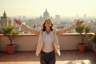Femme épanouie sur un toit terrasse urbain, les bras ouverts, exprimant liberté et accomplissement personnel