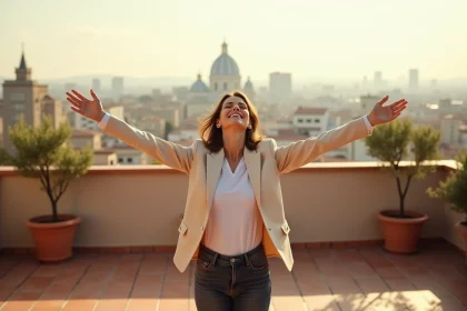 Femme épanouie sur un toit terrasse urbain, les bras ouverts, exprimant liberté et accomplissement personnel