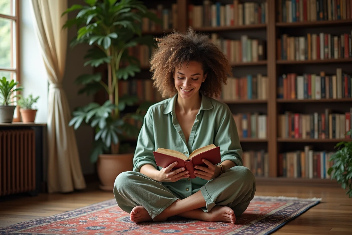 Femme sereine lisant dans une bibliothèque chaleureuse, illustrant le désir de connaissance et d'épanouissement intérieur