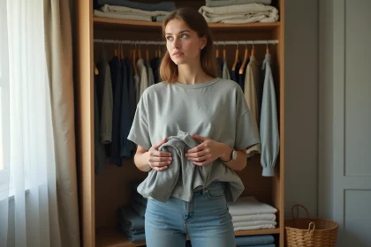 Femme tenant un pull devant un dressing encombré pour décider quoi garder lors du désencombrement de sa garde-robe