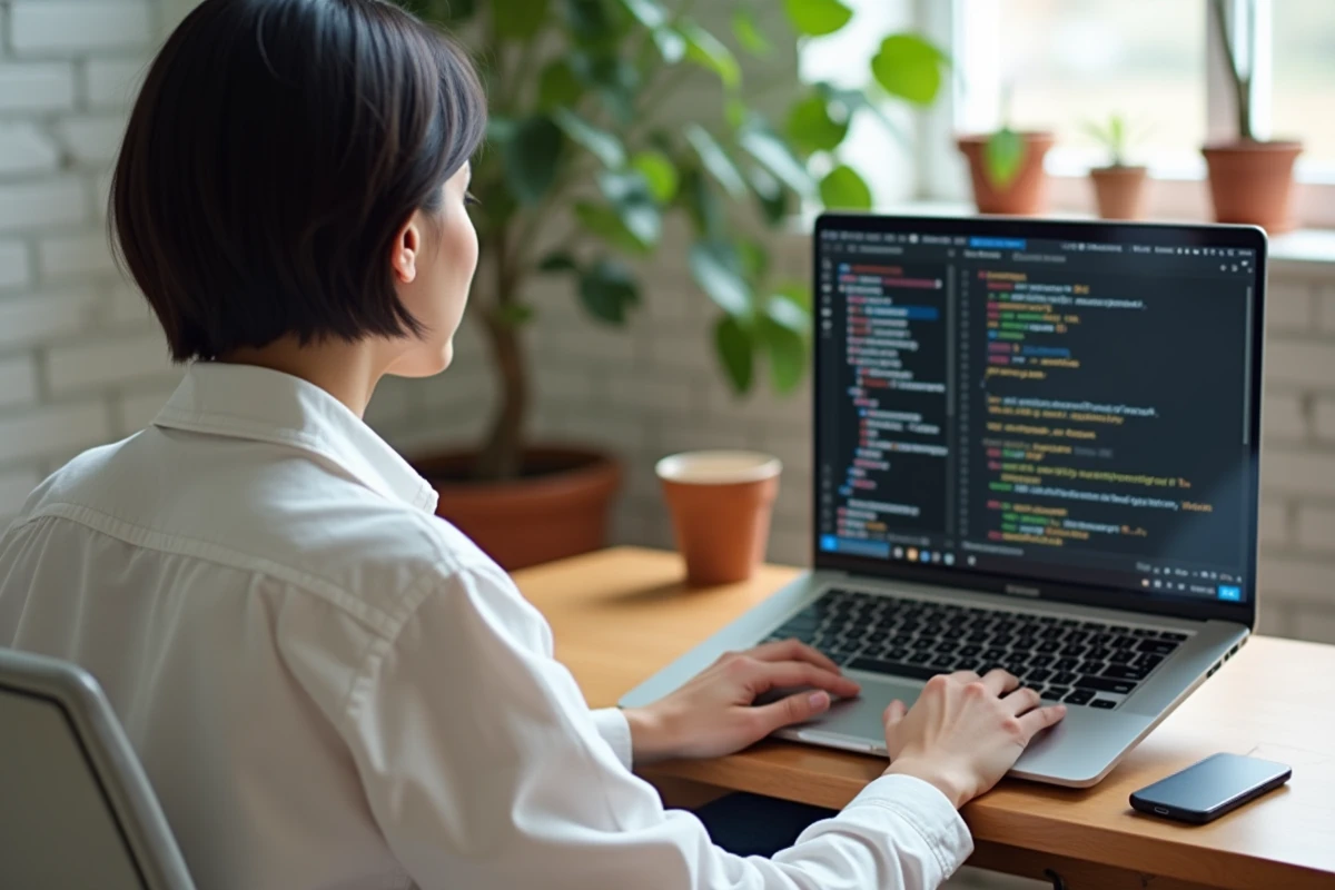 Femme développeuse travaillant sur un laptop affichant ChatGPT et GitHub dans un bureau minimaliste à domicile, questionnant l'utilisation des données de code open source pour entraîner l'IA