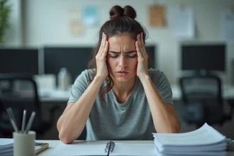 Femme stressée au bureau se tenant les tempes avec les mains, expression de frustration et d'énervement au travail