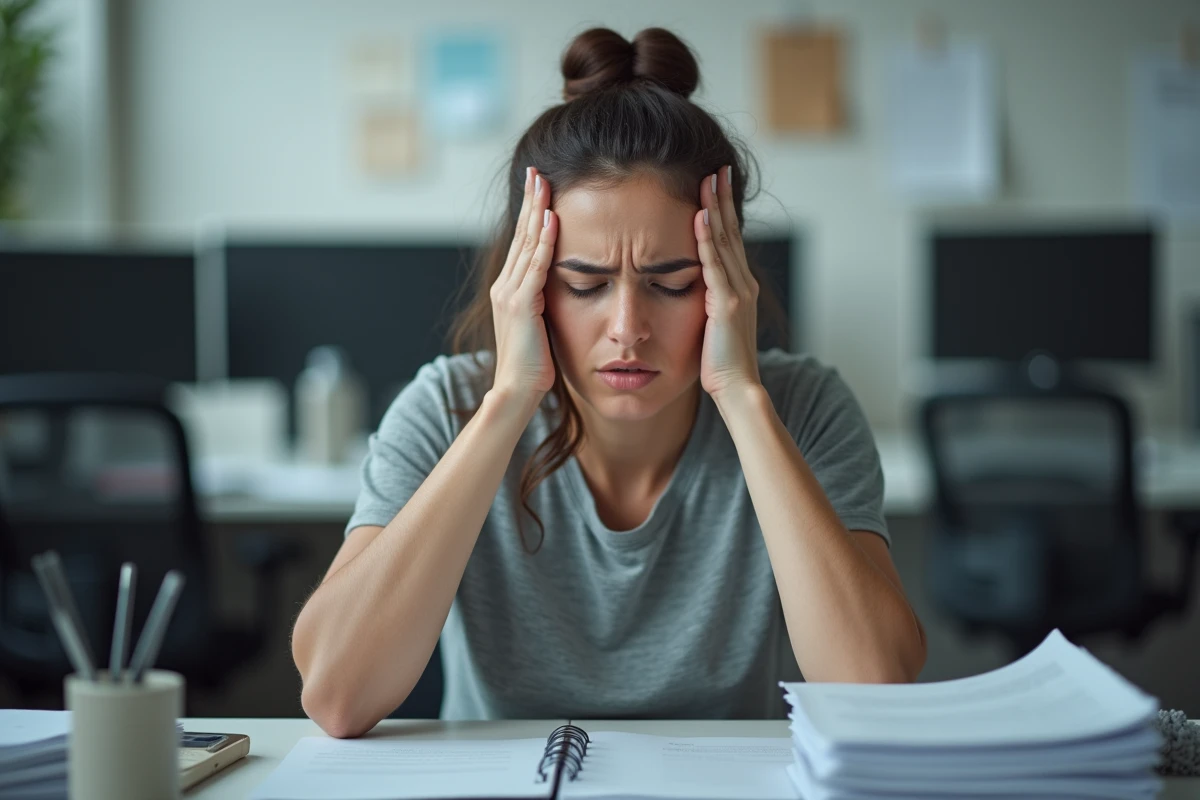 Femme stressée au bureau se tenant les tempes avec les mains, expression de frustration et d'énervement au travail