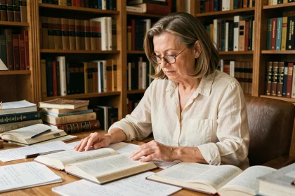 Femme étudiant la grammaire française avec des livres ouverts sur un bureau en bois