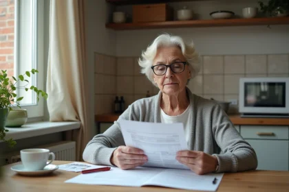 Femme de 55 ans examinant un avis de taxe foncière à la table de sa cuisine, illustrant le thème du revenu fiscal et des exonérations de taxe foncière