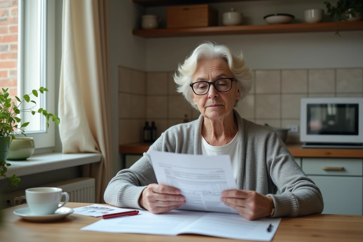 Femme de 55 ans examinant un avis de taxe foncière à la table de sa cuisine, illustrant le thème du revenu fiscal et des exonérations de taxe foncière