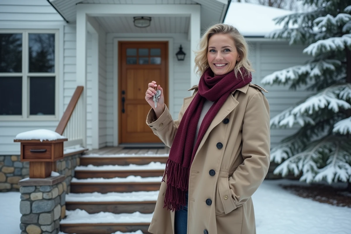 Femme française tenant les clés de sa nouvelle maison canadienne en hiver