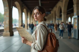 Femme tenant une carte de voyage dans une gare européenne, illustrant les astuces pour voyager gratuitement