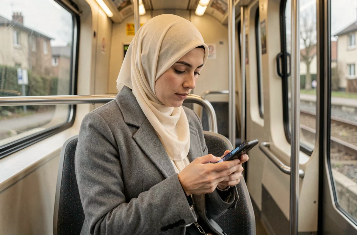 Jeune femme musulmane consultant les horaires de prières sur smartphone dans le train Paris-Argenteuil
