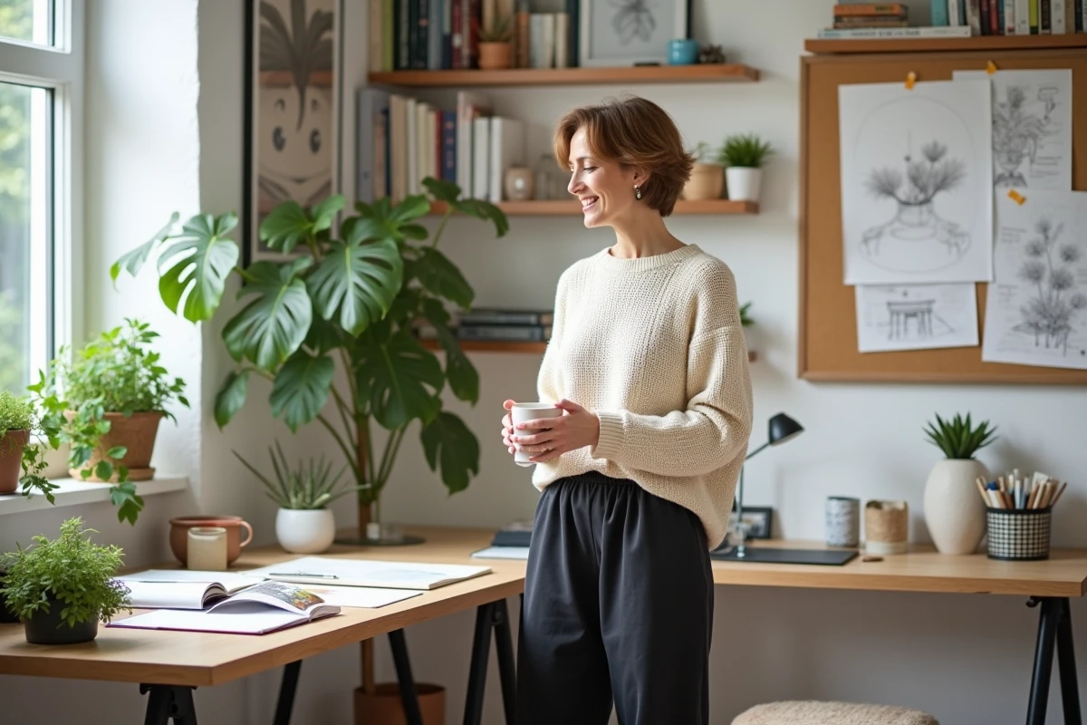 Femme indépendante et épanouie dans son bureau créatif à domicile entouré de plantes et de livres