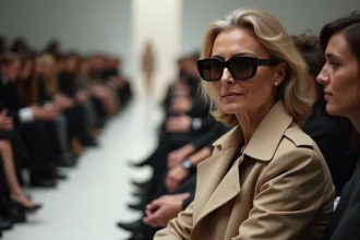 Femme influente de la mode assise au premier rang d'un défilé, lunettes noires et manteau beige, posture assurée