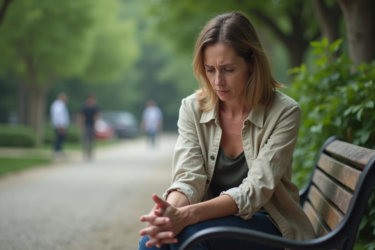 Femme assise seule sur un banc public avec une expression d'irritation et d'épuisement émotionnel