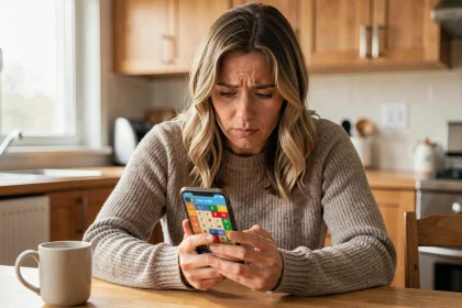 Femme jouant à 4 Images 1 Mot sur smartphone à table de cuisine en bois