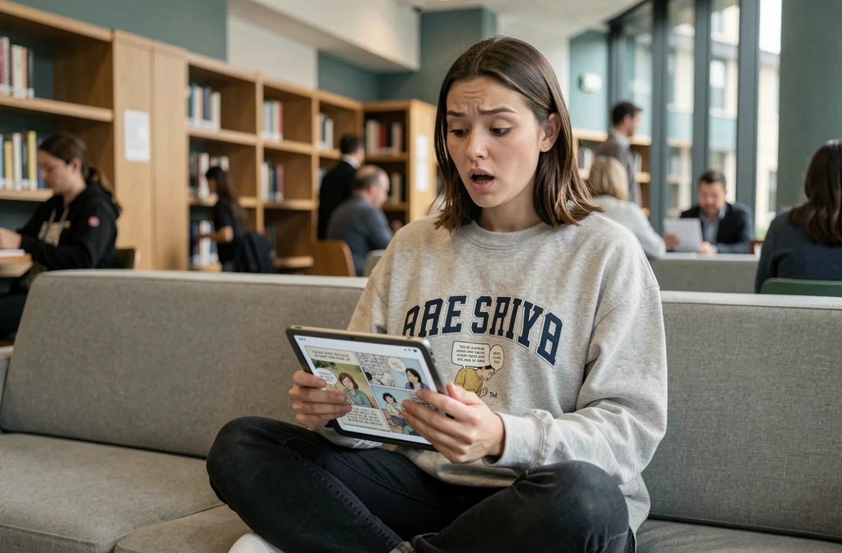 Jeune femme lisant des scans manga sur une tablette dans une bibliothèque publique moderne