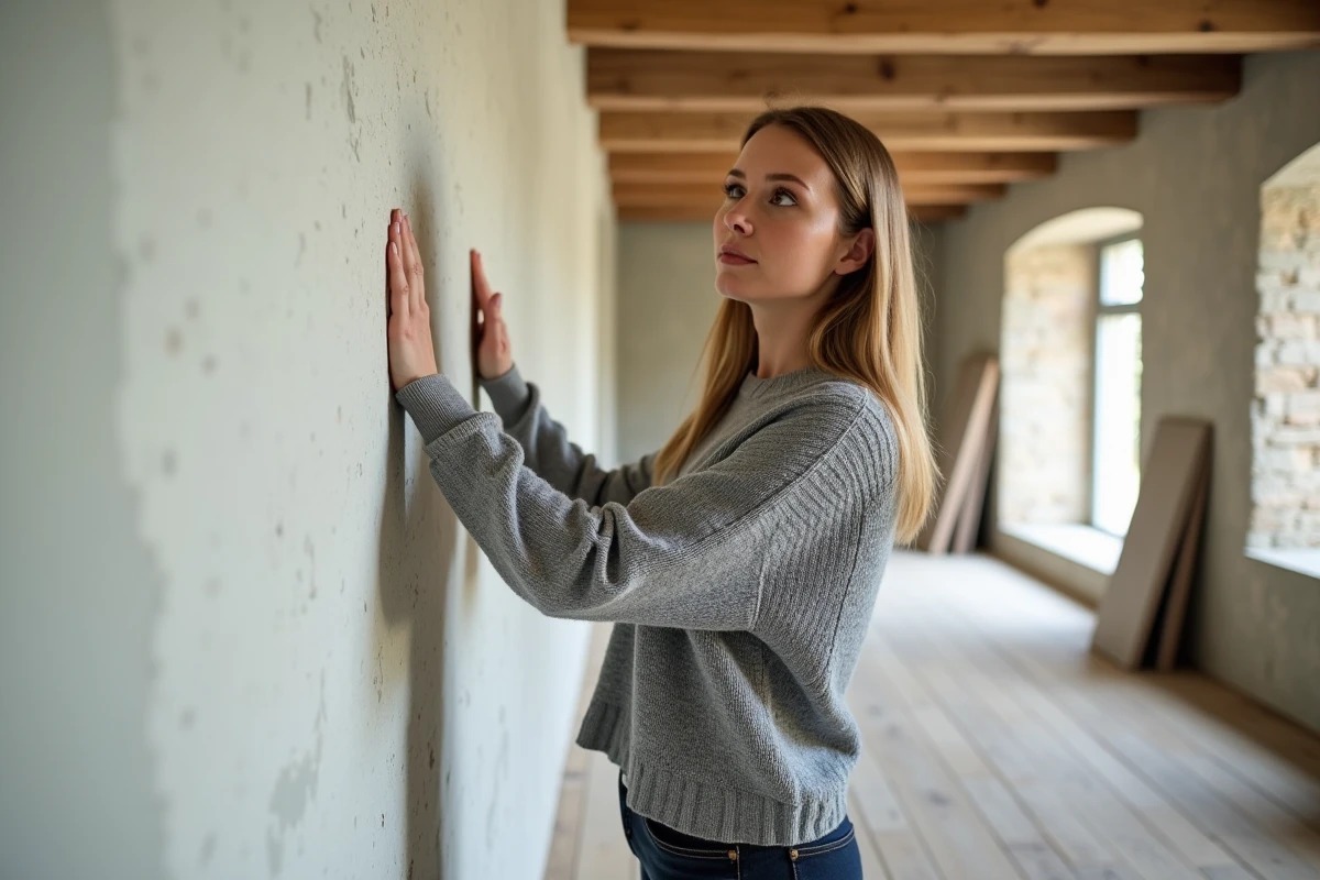 Femme touchant un mur enduit à la chaux dans une maison ancienne pour évaluer ses propriétés isolantes contre le froid