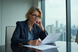 Femme professionnelle en blazer marine analysant une déclaration éthique dans une salle de conférence moderne