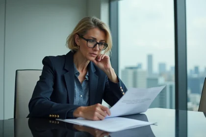 Femme professionnelle en blazer marine analysant une déclaration éthique dans une salle de conférence moderne