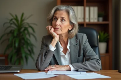 Femme en fin de carrière réfléchissant à sa retraite ou à sa démission devant des documents au bureau