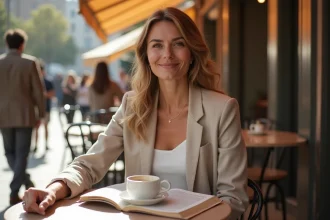 Femme épanouie sans enfants attablée seule dans un café parisien avec un livre et un café